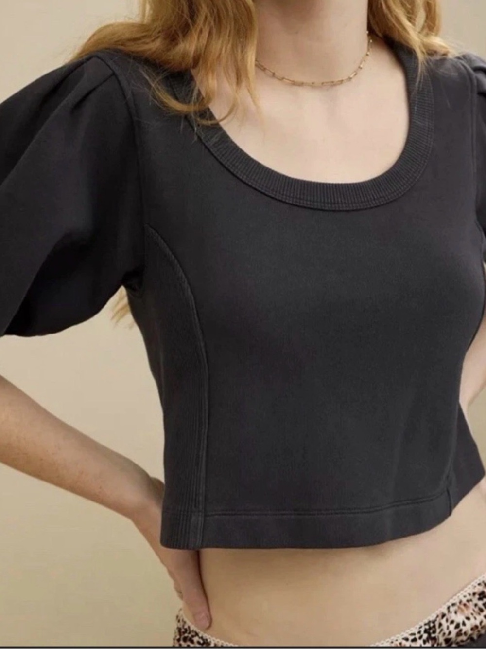 aerie Black Scoop Neck Puff Sleeve Crop Top
